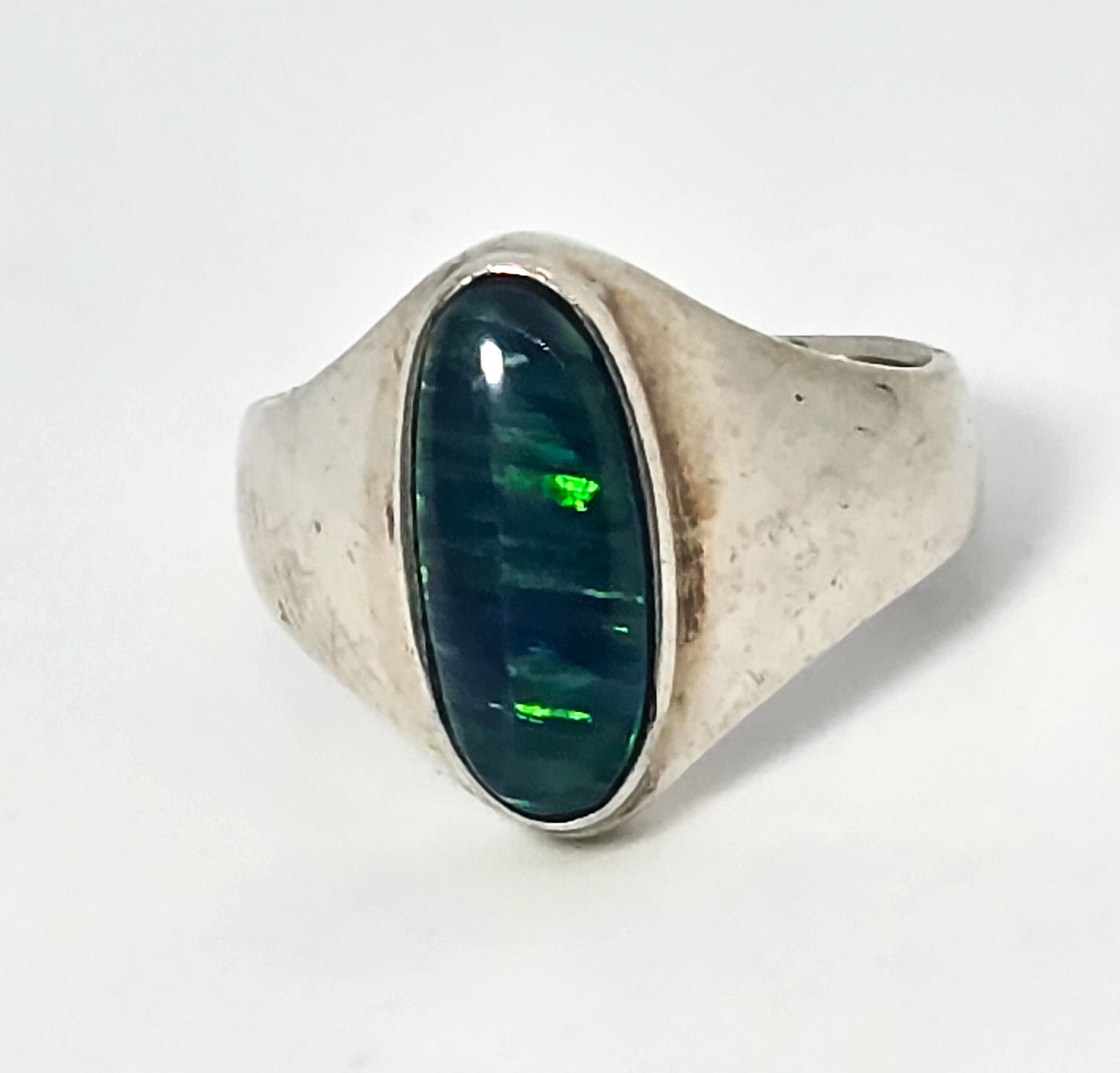 Blue and green fire opal modernist sterling silver vintage ring size 5.5