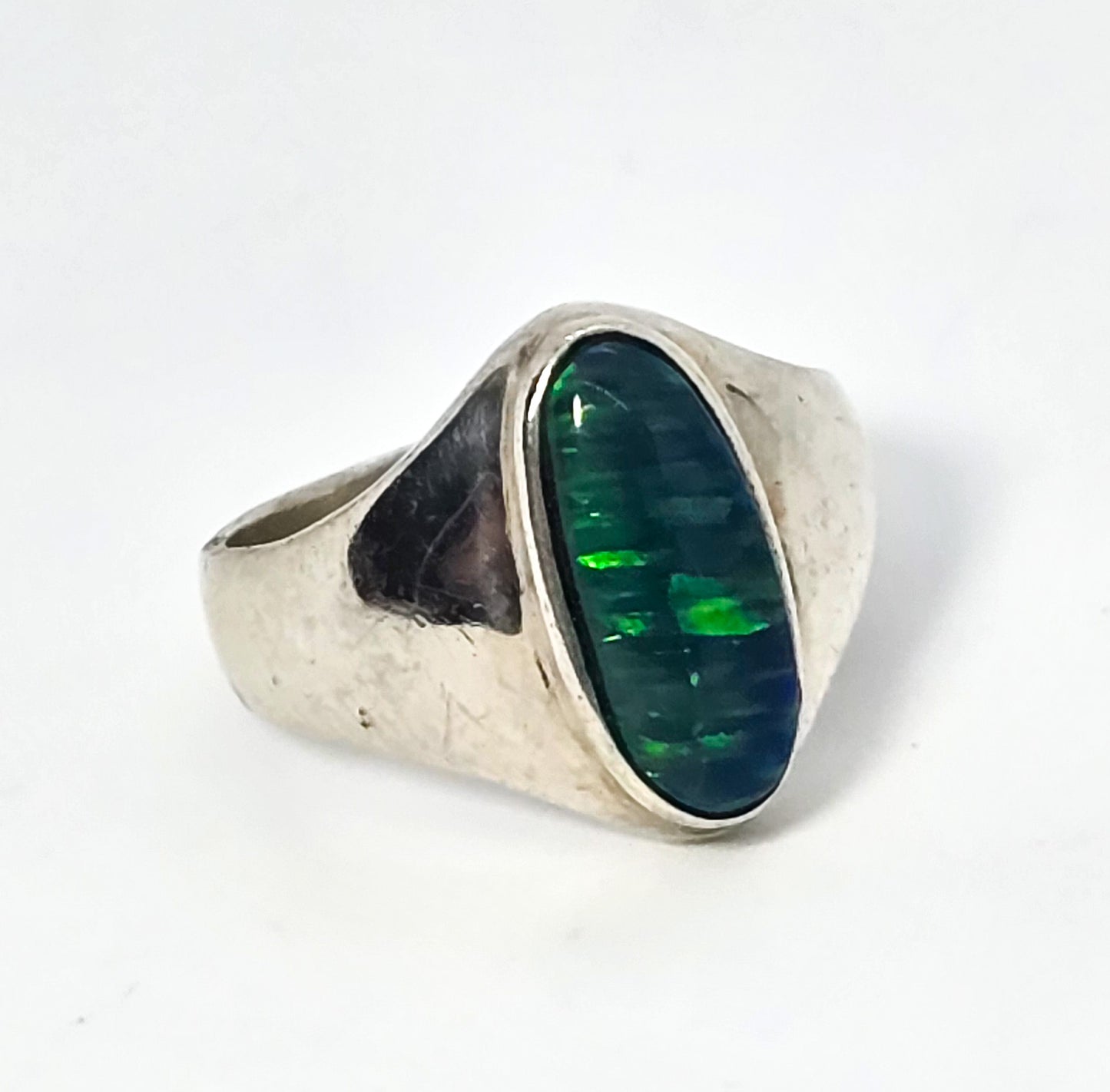 Blue and green fire opal modernist sterling silver vintage ring size 5.5
