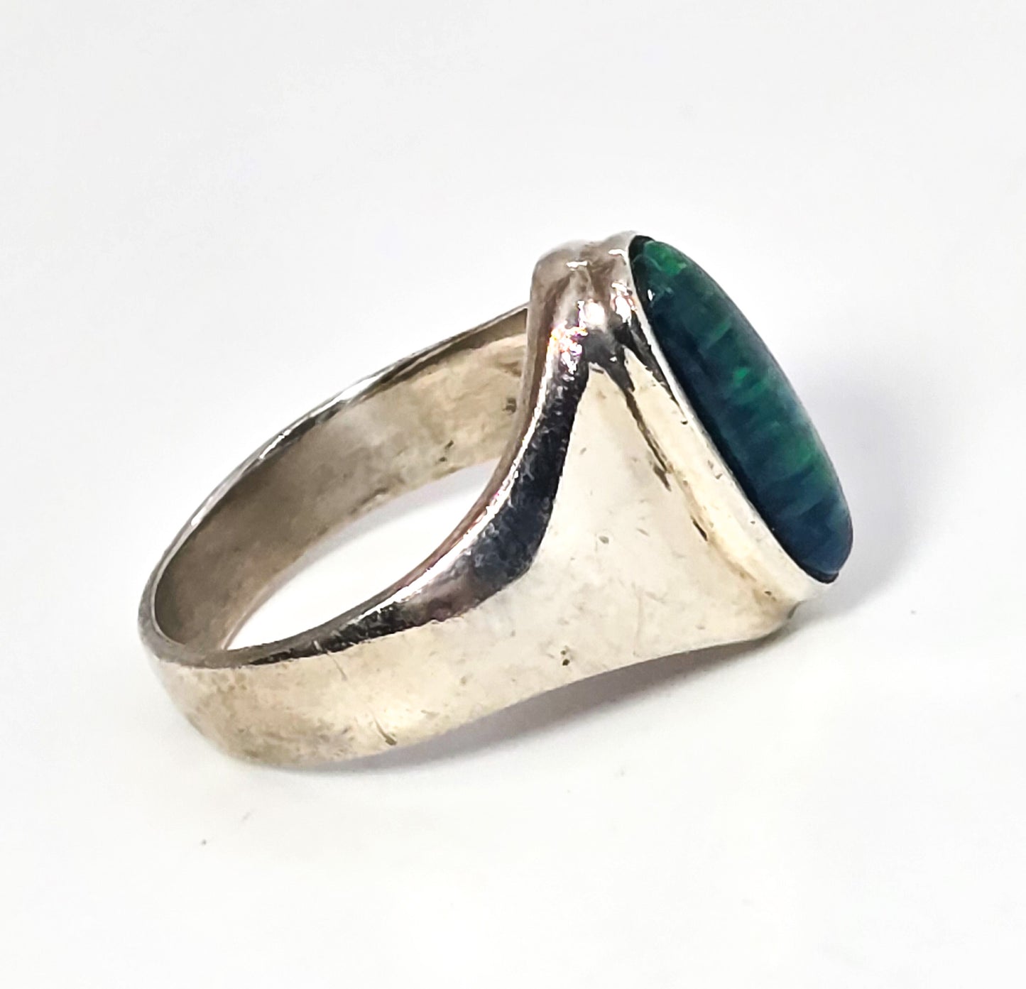 Blue and green fire opal modernist sterling silver vintage ring size 5.5