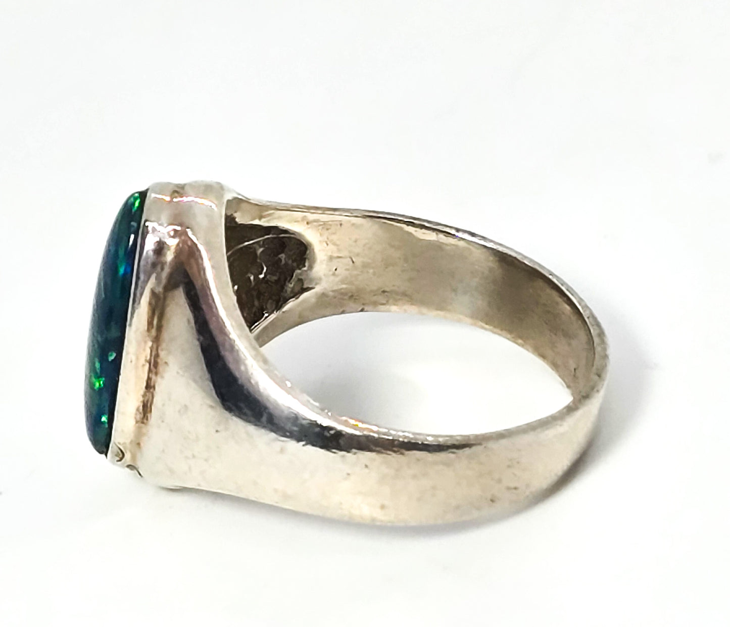 Blue and green fire opal modernist sterling silver vintage ring size 5.5