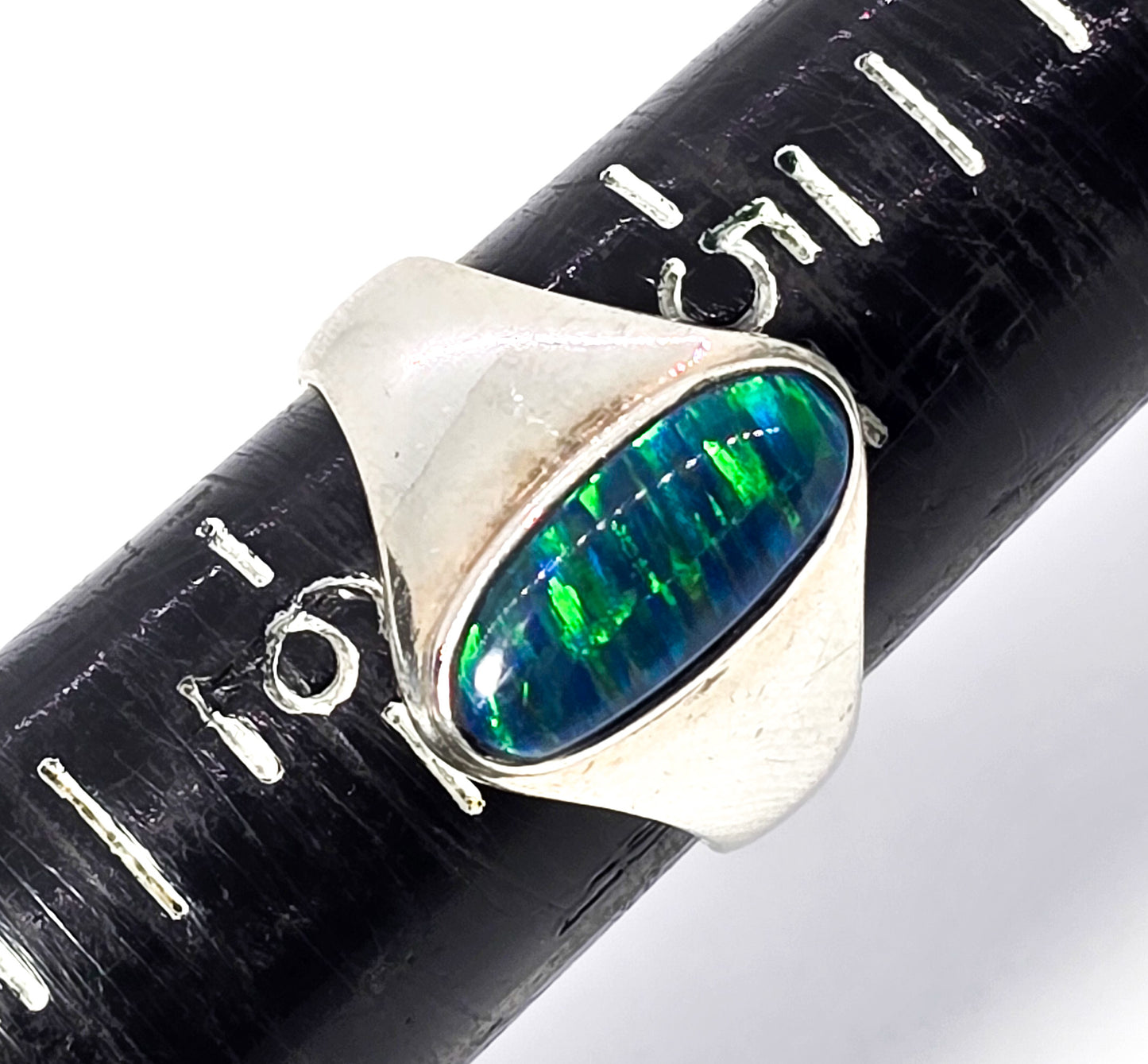 Blue and green fire opal modernist sterling silver vintage ring size 5.5