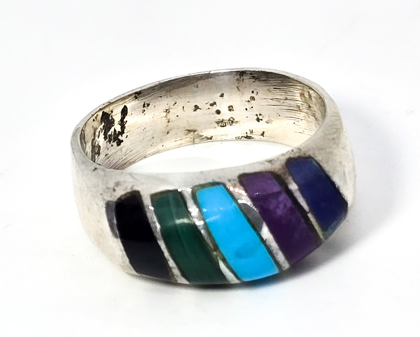Mexican Taxco Multi Gemstone Southwest vintage sterling silver inlay ring size 10