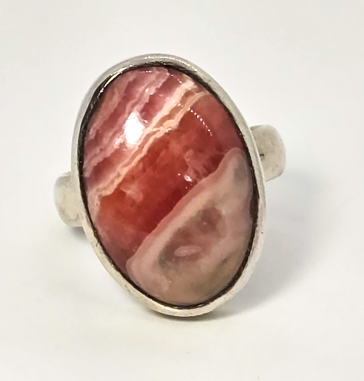 Rhodochrosite banded pink gemstone large Oval vintage sterling ring size 8