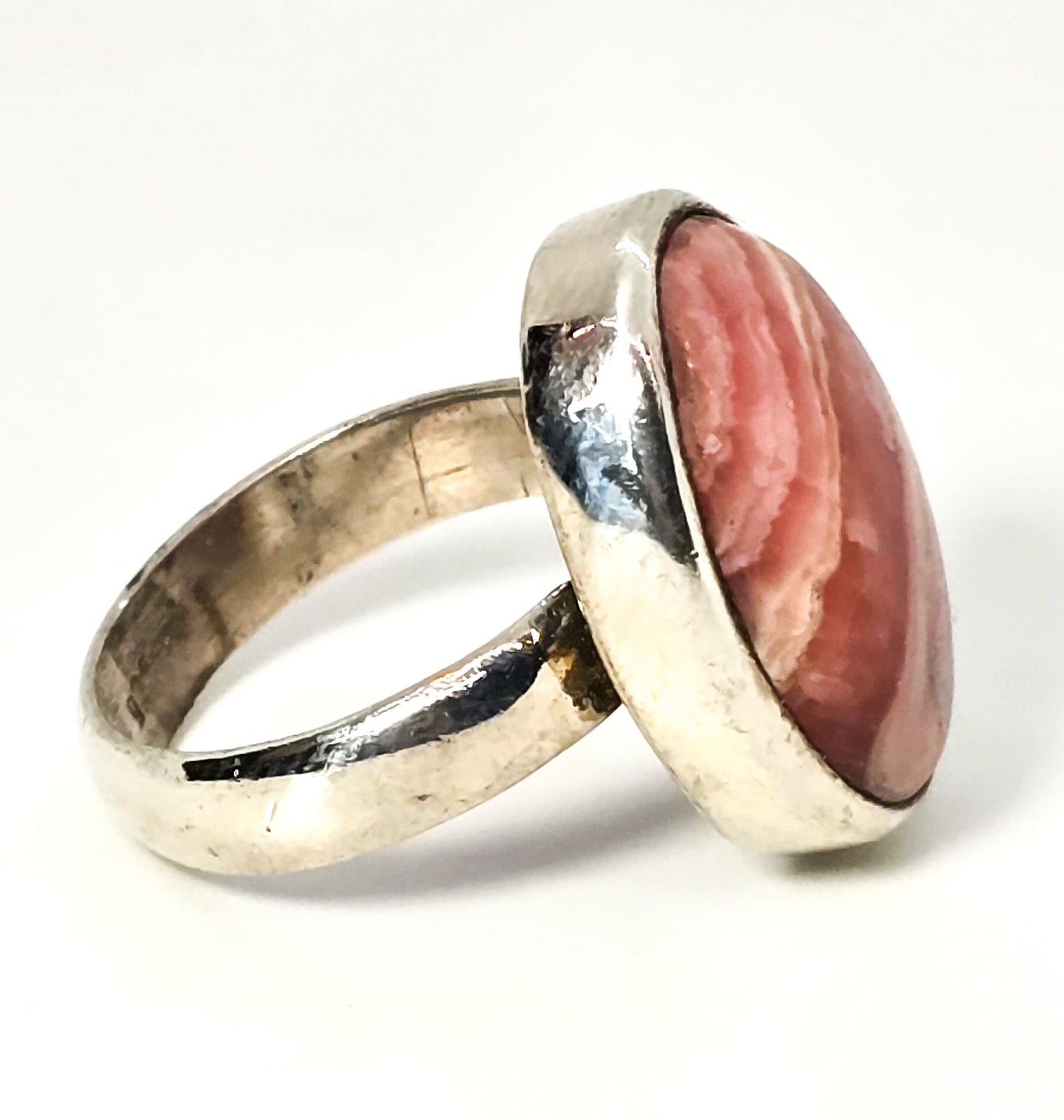 Rhodochrosite banded pink gemstone large Oval vintage sterling ring size 8