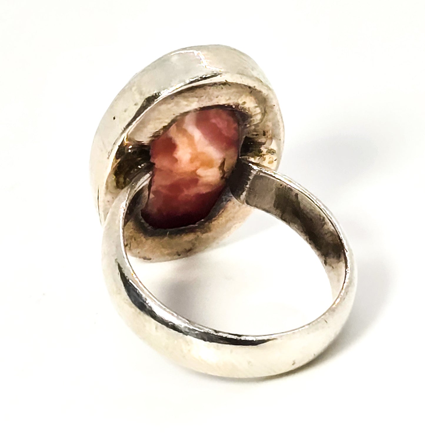 Rhodochrosite banded pink gemstone large Oval vintage sterling ring size 8