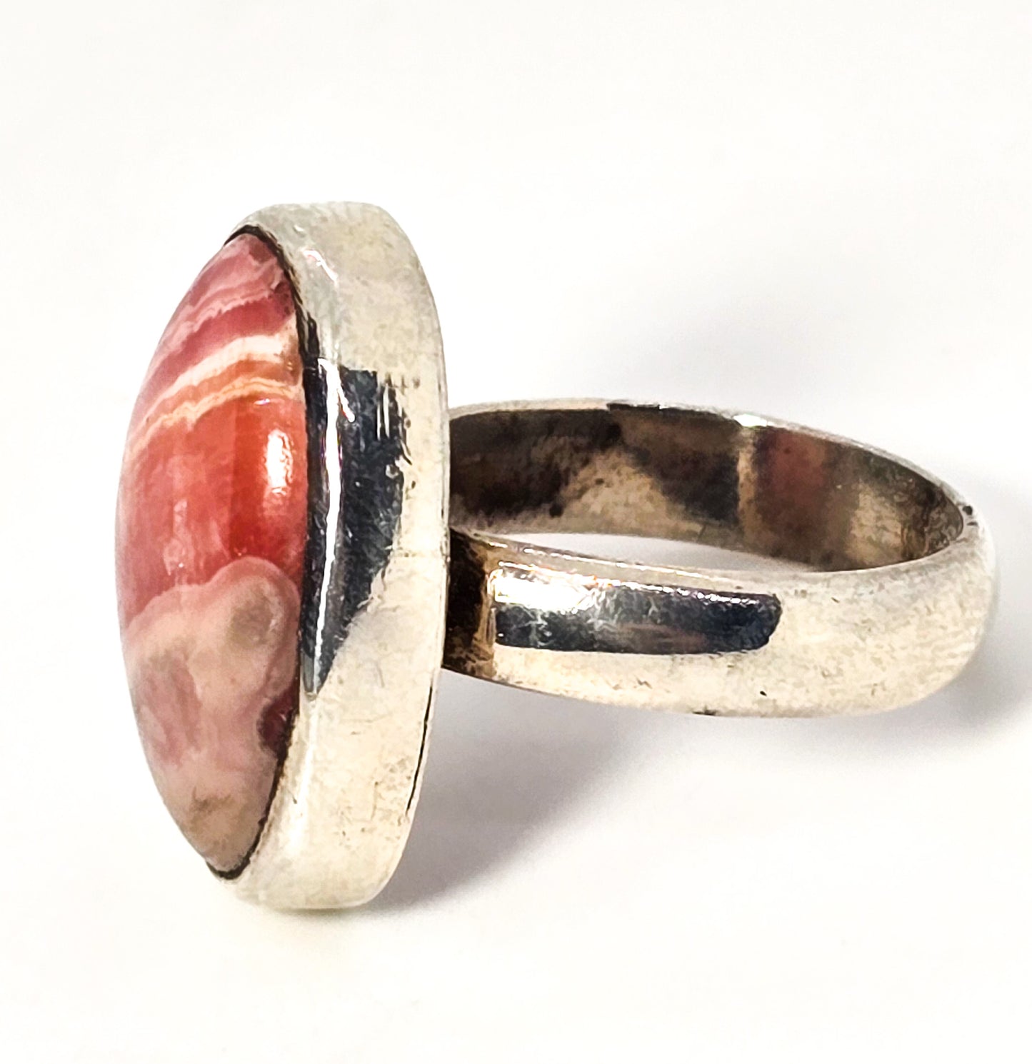 Rhodochrosite banded pink gemstone large Oval vintage sterling ring size 8