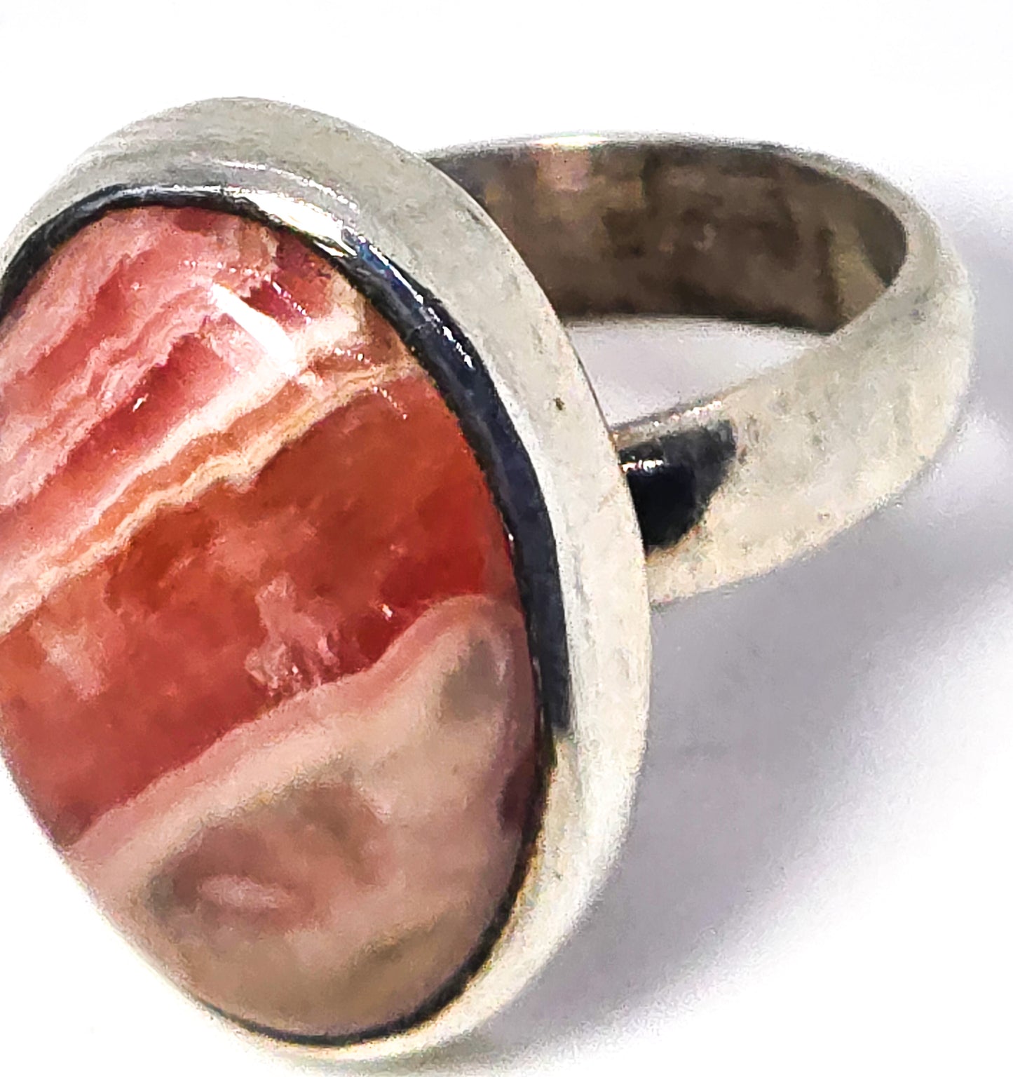 Rhodochrosite banded pink gemstone large Oval vintage sterling ring size 8