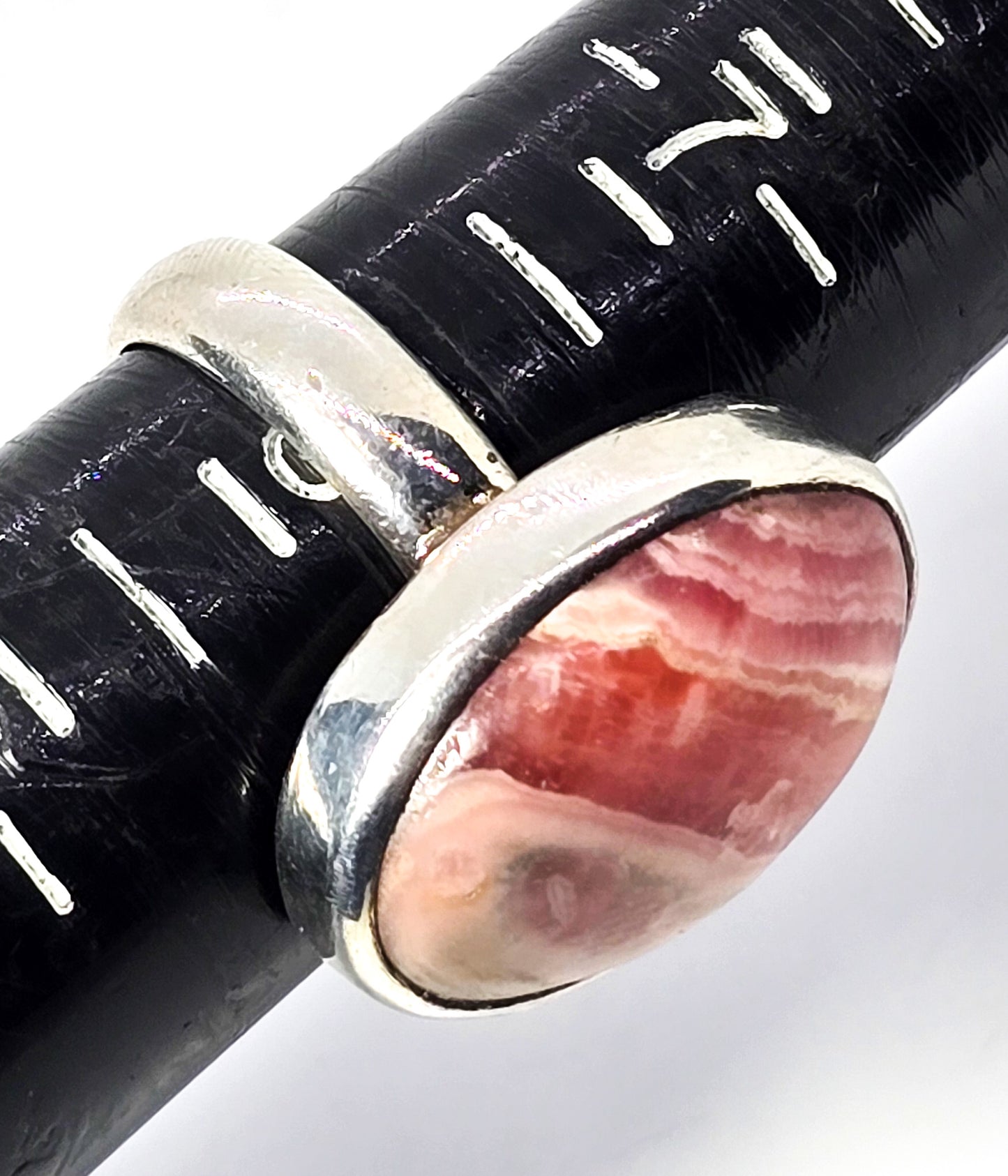 Rhodochrosite banded pink gemstone large Oval vintage sterling ring size 8