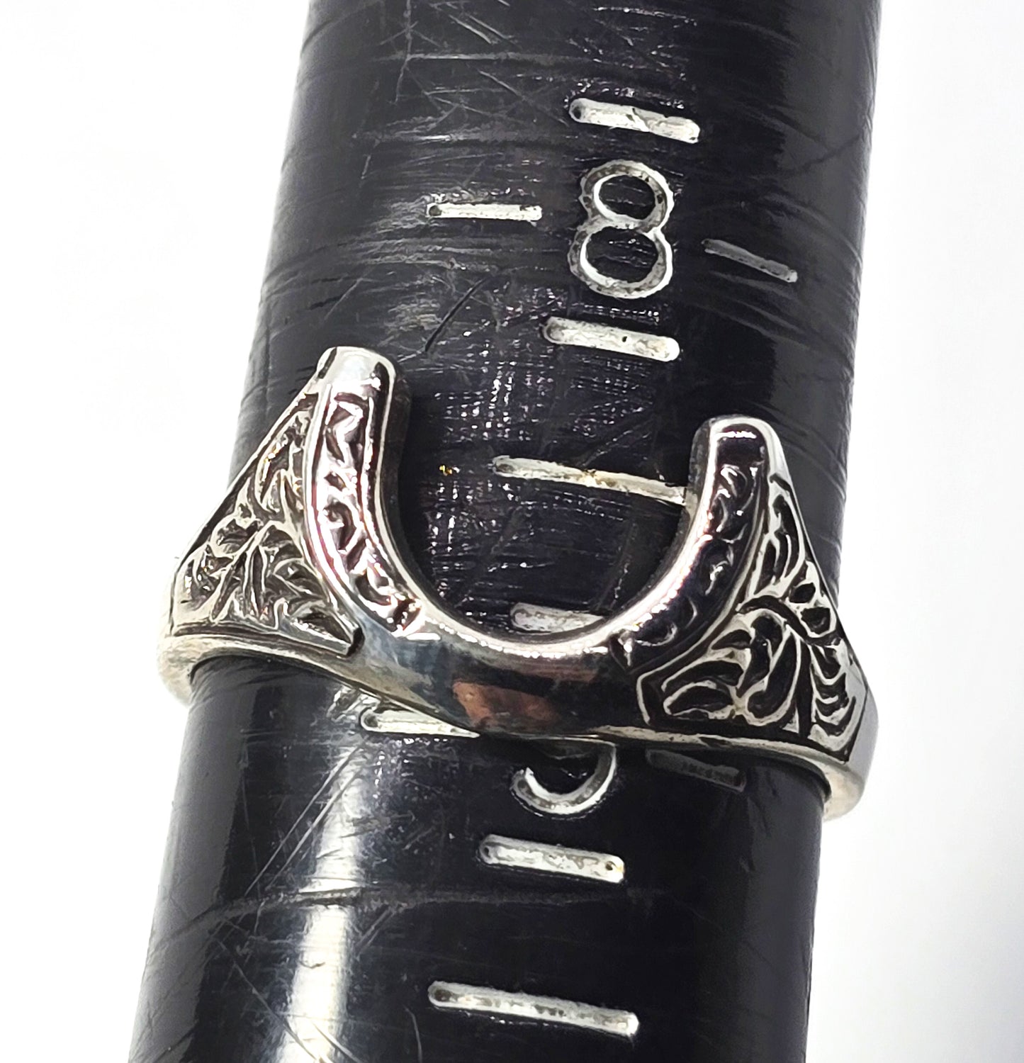 Horseshoe Cowgirl Rodeo embossed vintage sterling silver Equestrian ring size 9