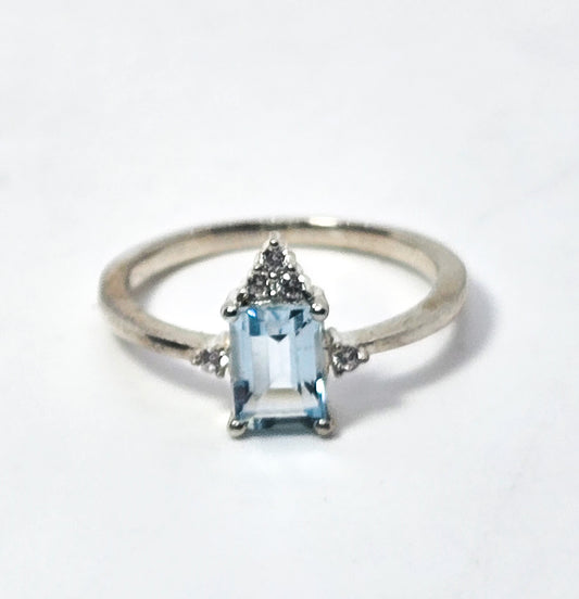 Blue topaz emerald cut cubic zirconia sterling silver ring size 6.75