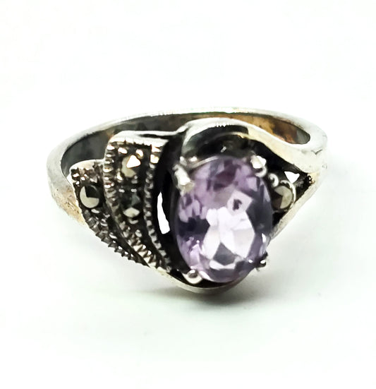 Amethyst Wave purple gemstone marcasite retro vintage sterling silver ring size 6