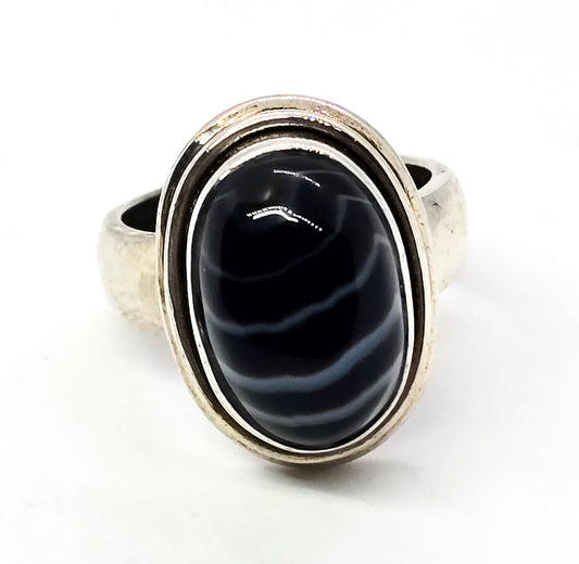 Black Sardonyx banded agate gemstone vintage solid sterling silver ring size 6 *1