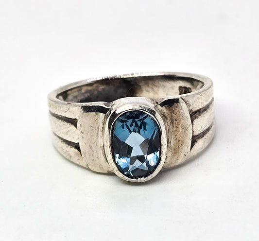Blue Topaz faceted gemstone Retro vintage thick sterling silver ring size 6
