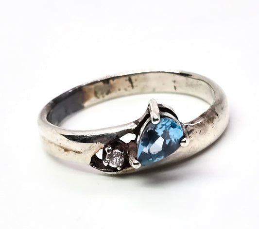 Blue topaz pear cut gemstone with cubic zirconia sterling silver ring size 9