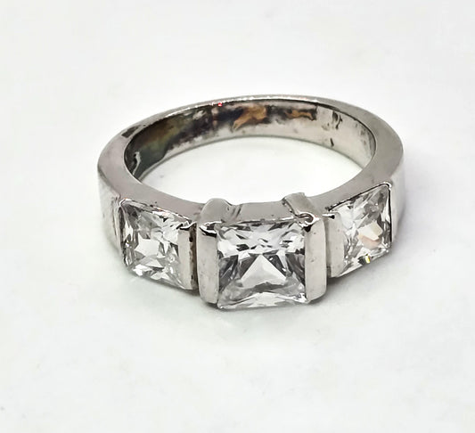 Princess cut three stone past present future CZ sterling silver ring size 6