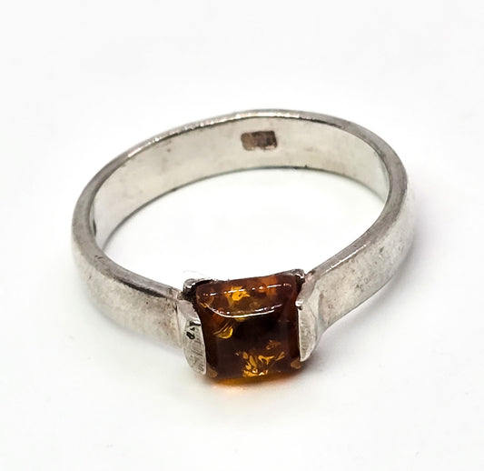 Orange amber modernist square retro vintage sterling silver ring band size 9