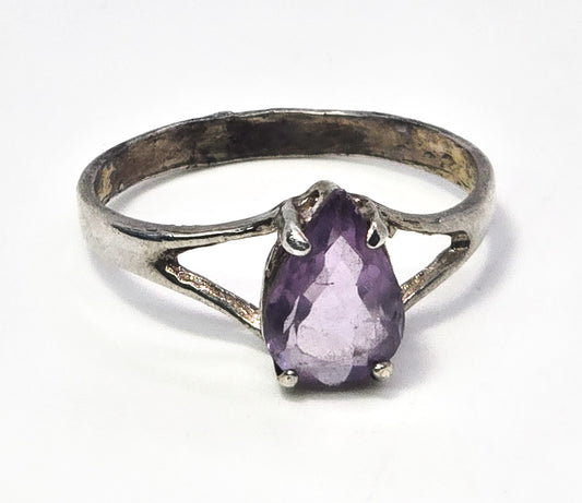 Amethyst purple gemstone pear cut sterling silver solitaire ring size 5.5