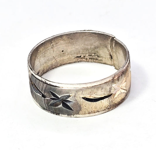 Diamond cut etched brushed sterling silver retro vintage cigar band ring size 7