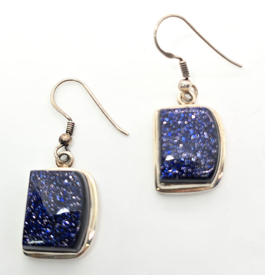 Blue goldstone glittering gemstone vintage sterling silver large drop earrings