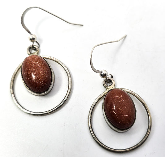 Goldstone Modernist sterling silver drop hoop vintage earrings