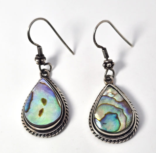 Abalone Paua shell framed thick heavy vintage sterling silver drop earrings
