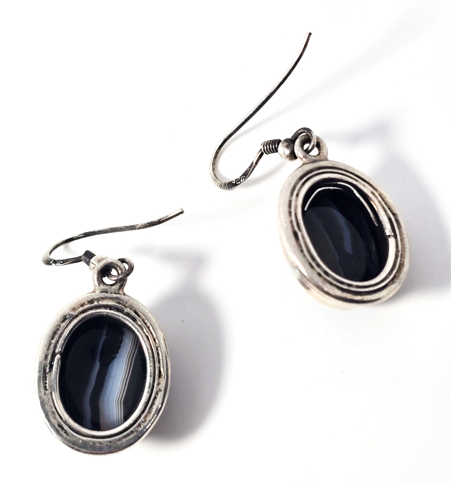 Black Sardonyx banded agate gemstone vintage solid sterling silver Earrings
