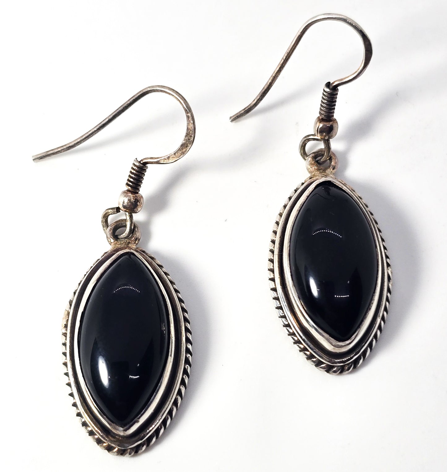 Black onyx large retro vintage marquis drop sterling silver twisted rope earrings