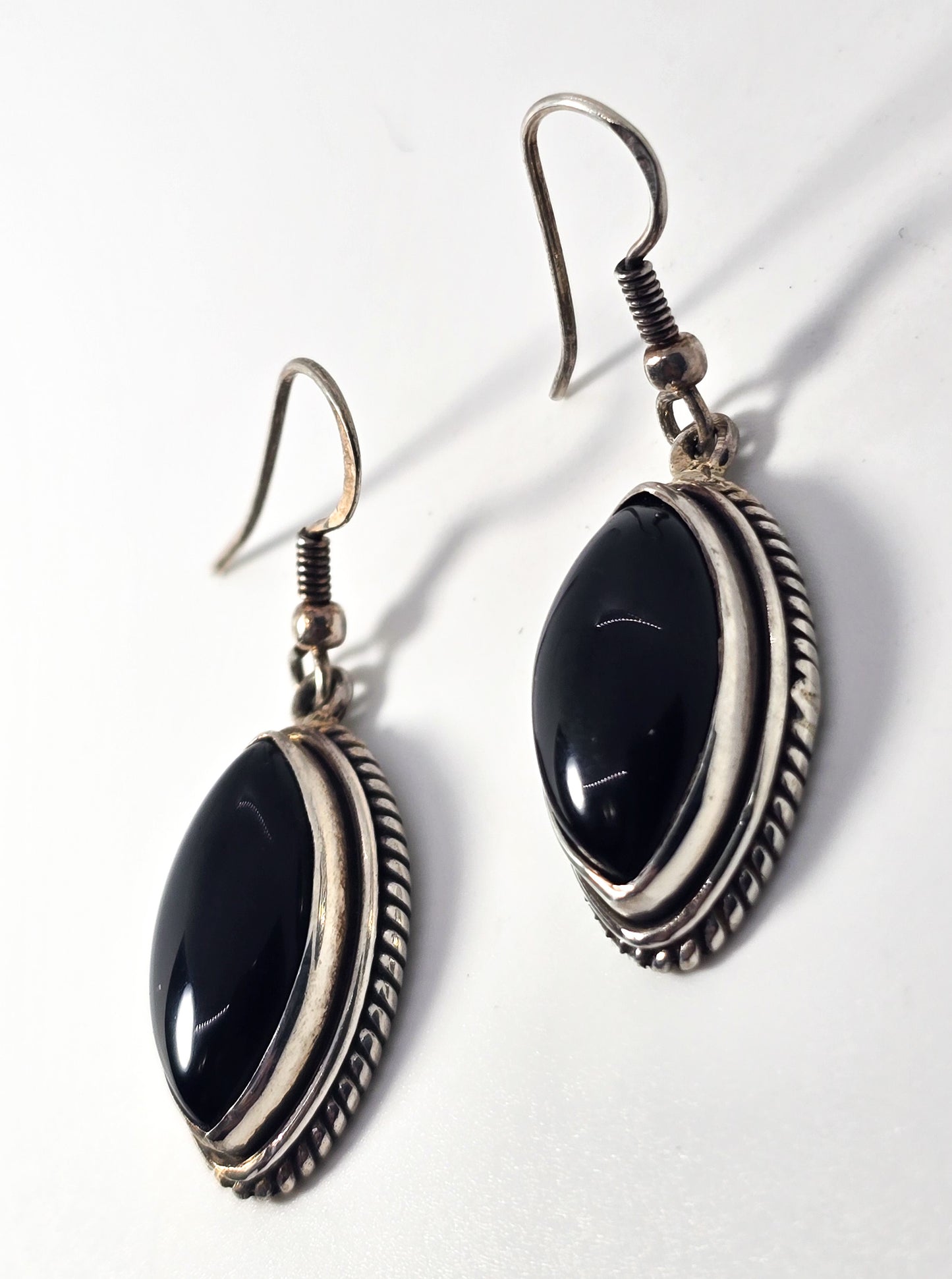 Black onyx large retro vintage marquis drop sterling silver twisted rope earrings