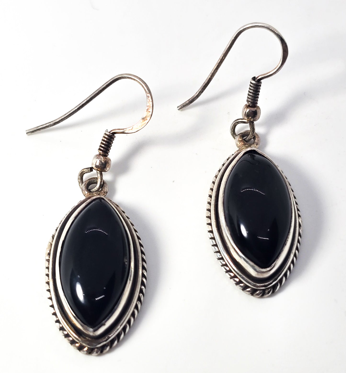 Black onyx large retro vintage marquis drop sterling silver twisted rope earrings