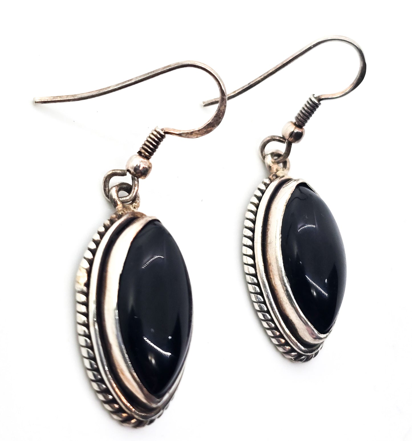 Black onyx large retro vintage marquis drop sterling silver twisted rope earrings