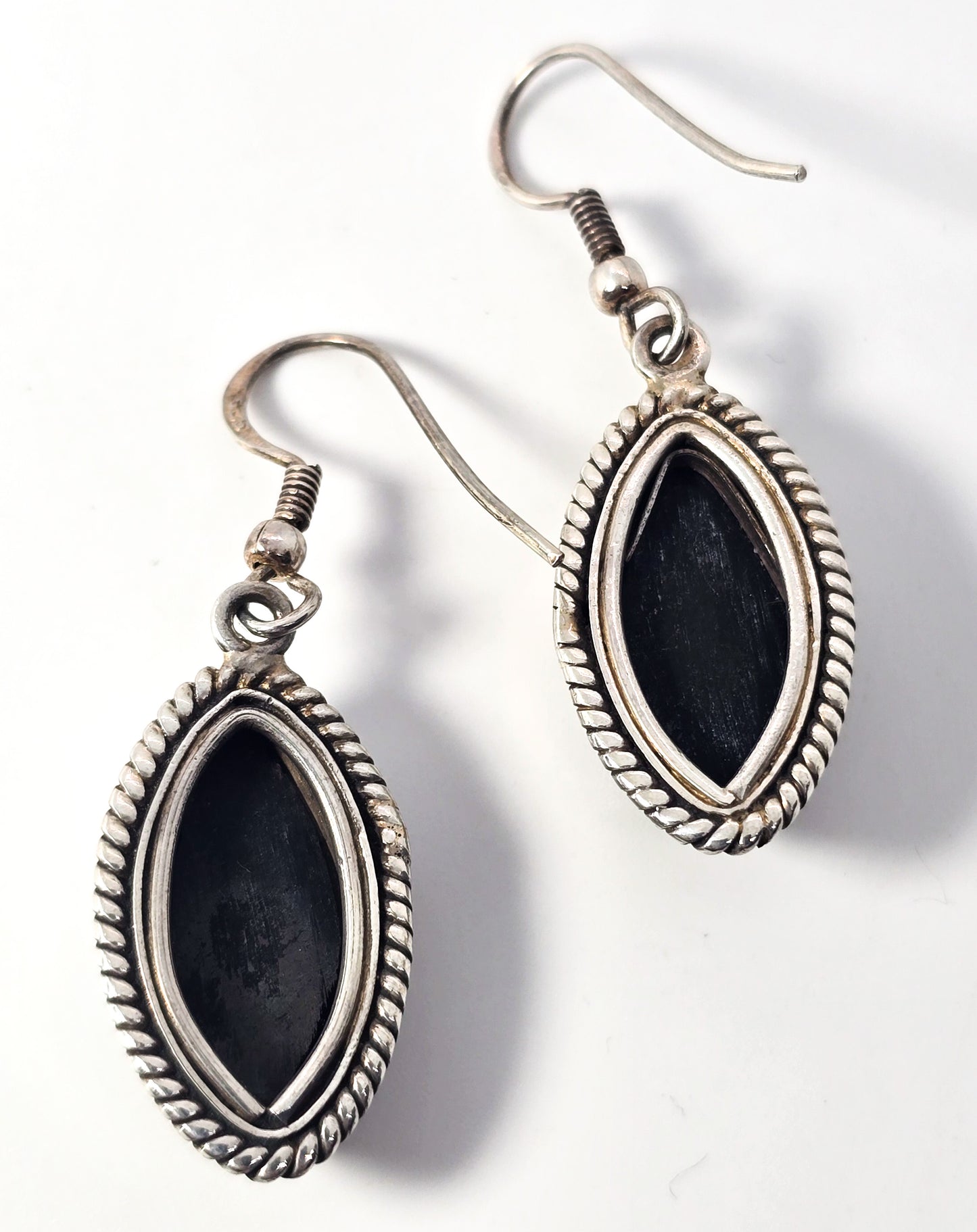 Black onyx large retro vintage marquis drop sterling silver twisted rope earrings