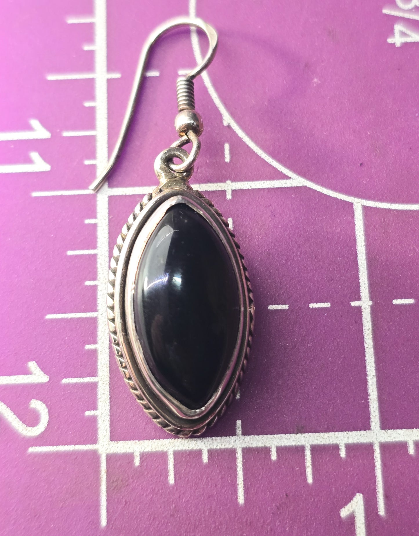 Black onyx large retro vintage marquis drop sterling silver twisted rope earrings