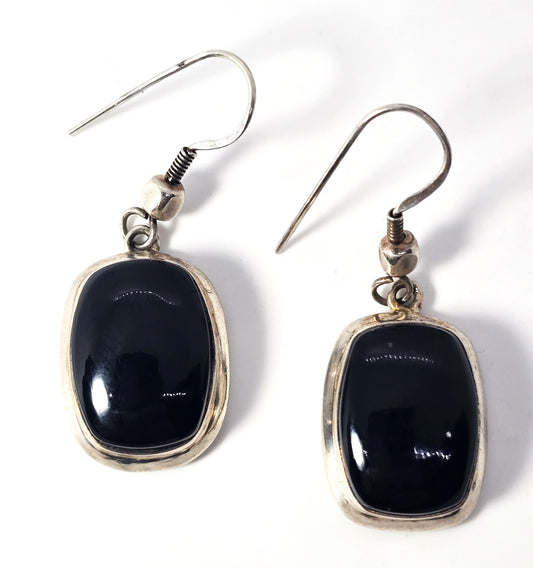 Black onyx large retro vintage thick drop sterling silver modernist earrings