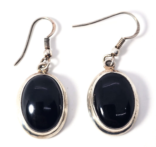Black onyx large Oval retro vintage thick drop sterling silver modernist earrings