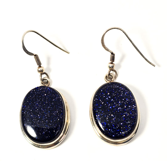 Blue goldstone glittering gemstone vintage sterling silver large oval drop earrings