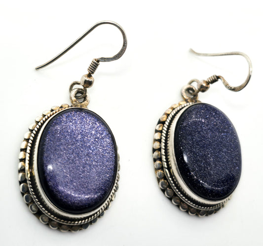 Blue goldstone glittering gemstone vintage sterling silver large tribal drop earrings