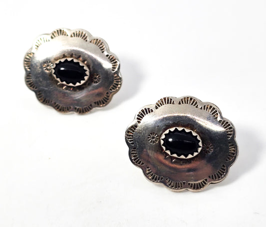 Black onyx vintage sterling silver Native American concho stud earrings