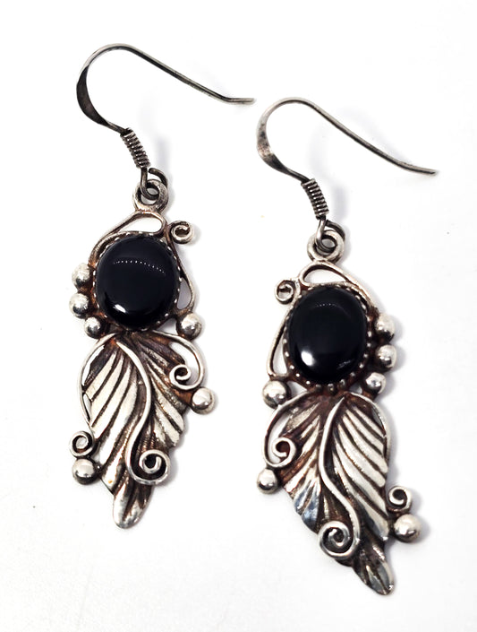 Black Onyx Feather sterling silver Native American flower vintage earrings