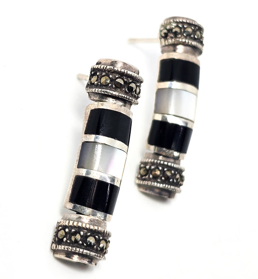 Art Deco Style Black onyx MOP marcasite vintage R sterling silver earrings