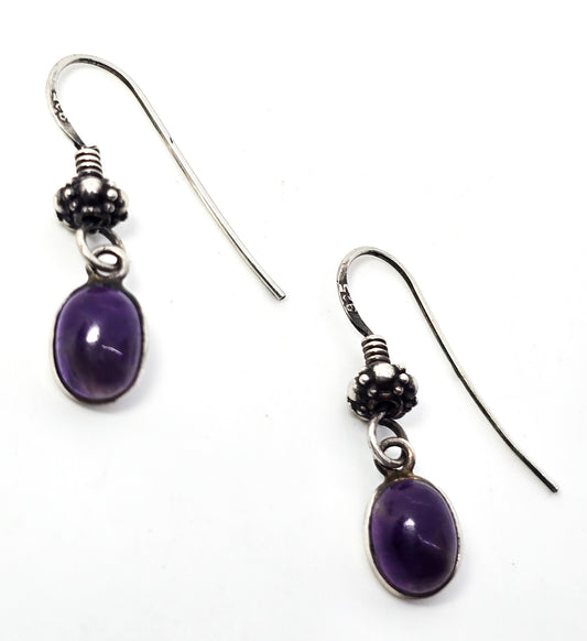 Amethyst purple gemstone tribal Bali bead vintage sterling silver drop earrings
