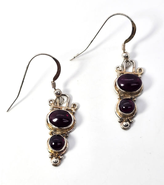 Double Garnet Bali Balinese tribal style sterling silver vintage drop earrings