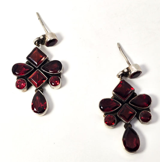 Garnet deep red large multi gemstone mosaic sterling silver stud earrings