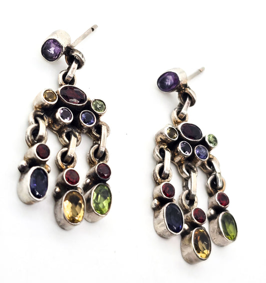 Large multi gemstone mosaic vintage large sterling silver post earrings