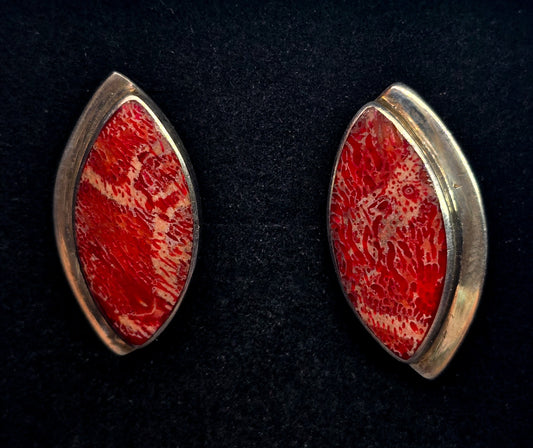 Red coral artisan handcrafted vintage sterling silver large stud earrings