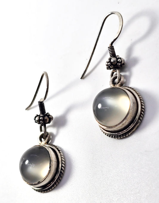 White silver moonstone gemstone tribal Bali boho sterling silver drop earrings