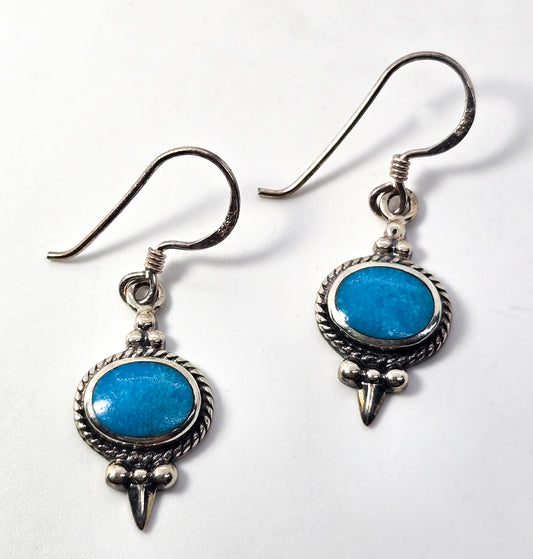 Blue turquoise gemstone inlay vintage Southwestern drop sterling silver earrings