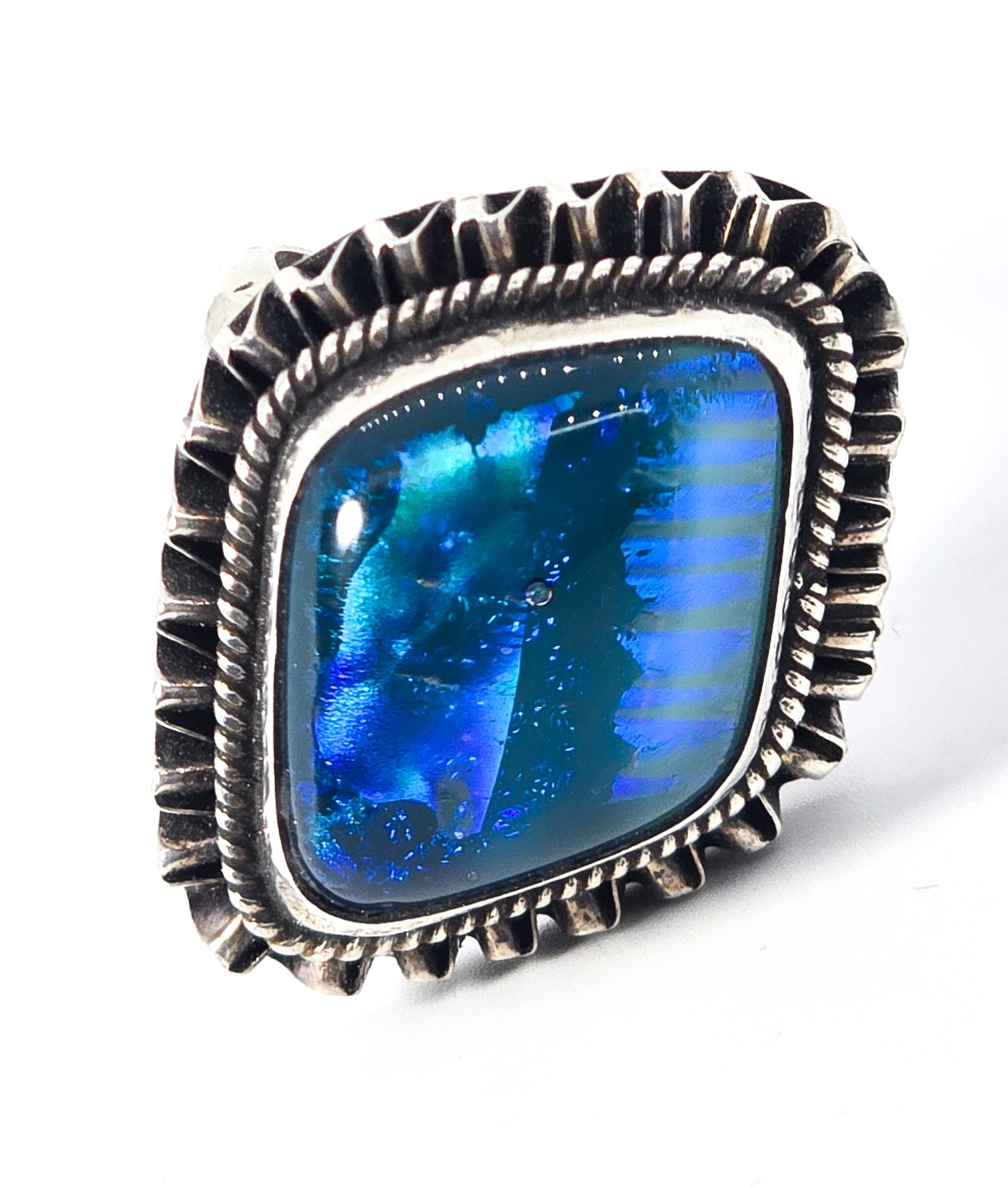 Blue Dichroic glass artisan  Large solid sterling silver ring size 8