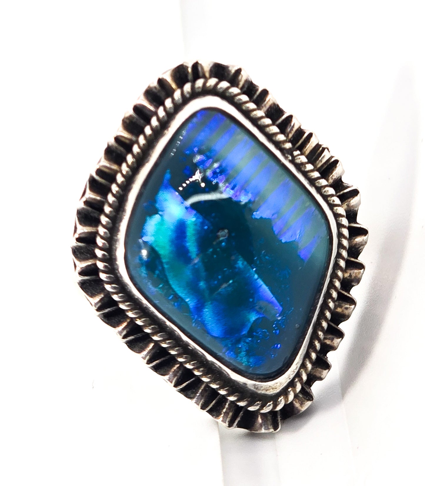 Blue Dichroic glass artisan  Large solid sterling silver ring size 8