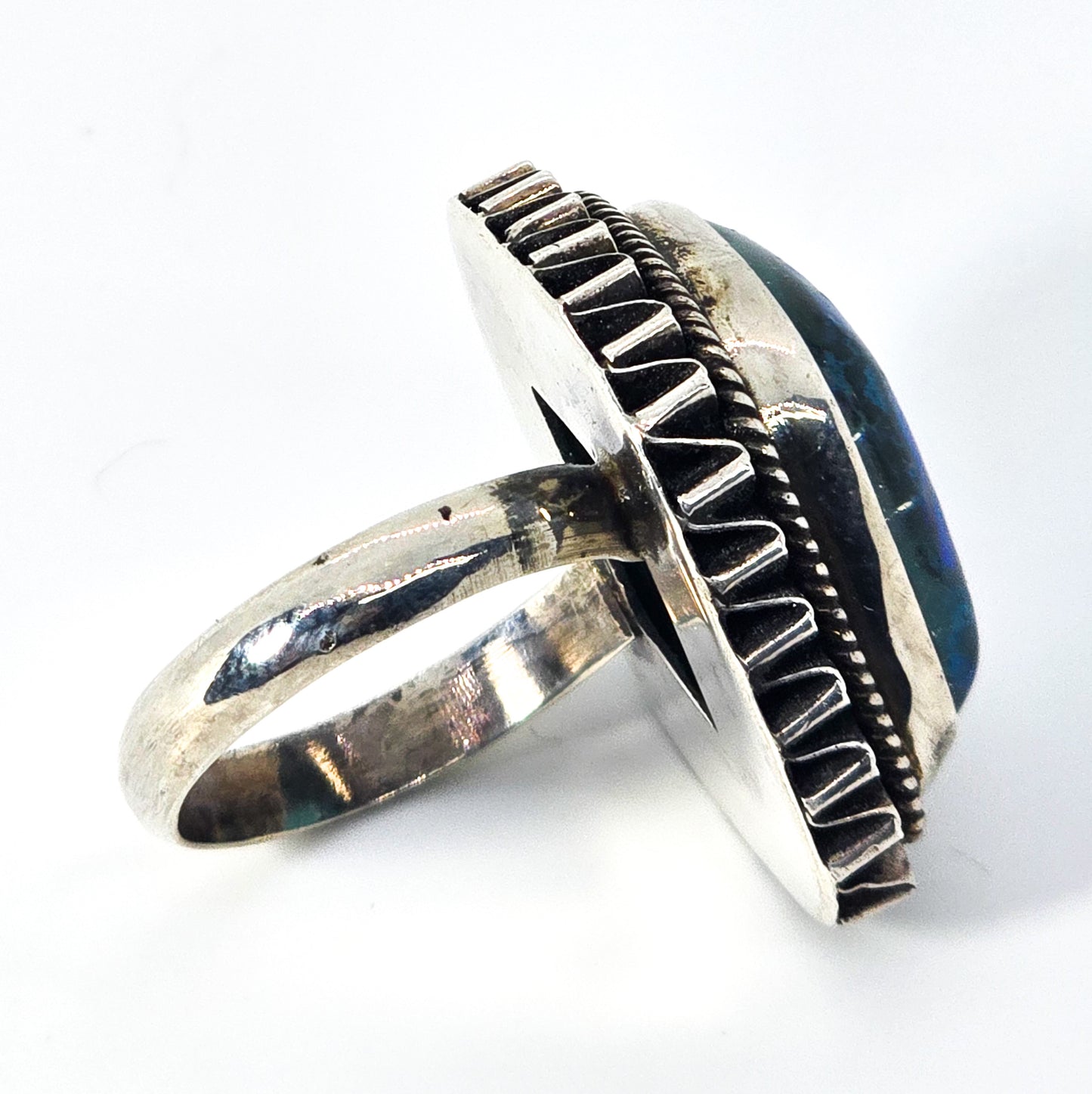 Blue Dichroic glass artisan  Large solid sterling silver ring size 8