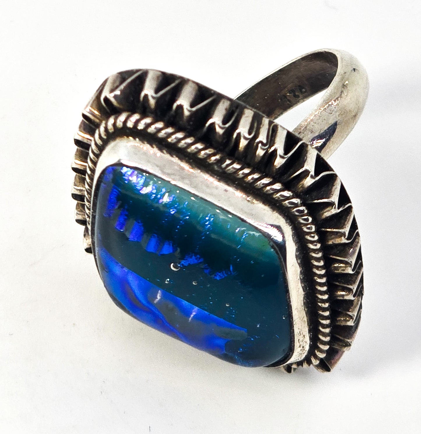 Blue Dichroic glass artisan  Large solid sterling silver ring size 8